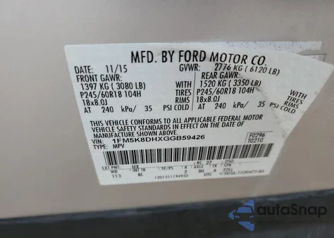 2016 Ford Explorer Xlt из США, поврежденный, VIN 1FM5K8DHXGGB59426